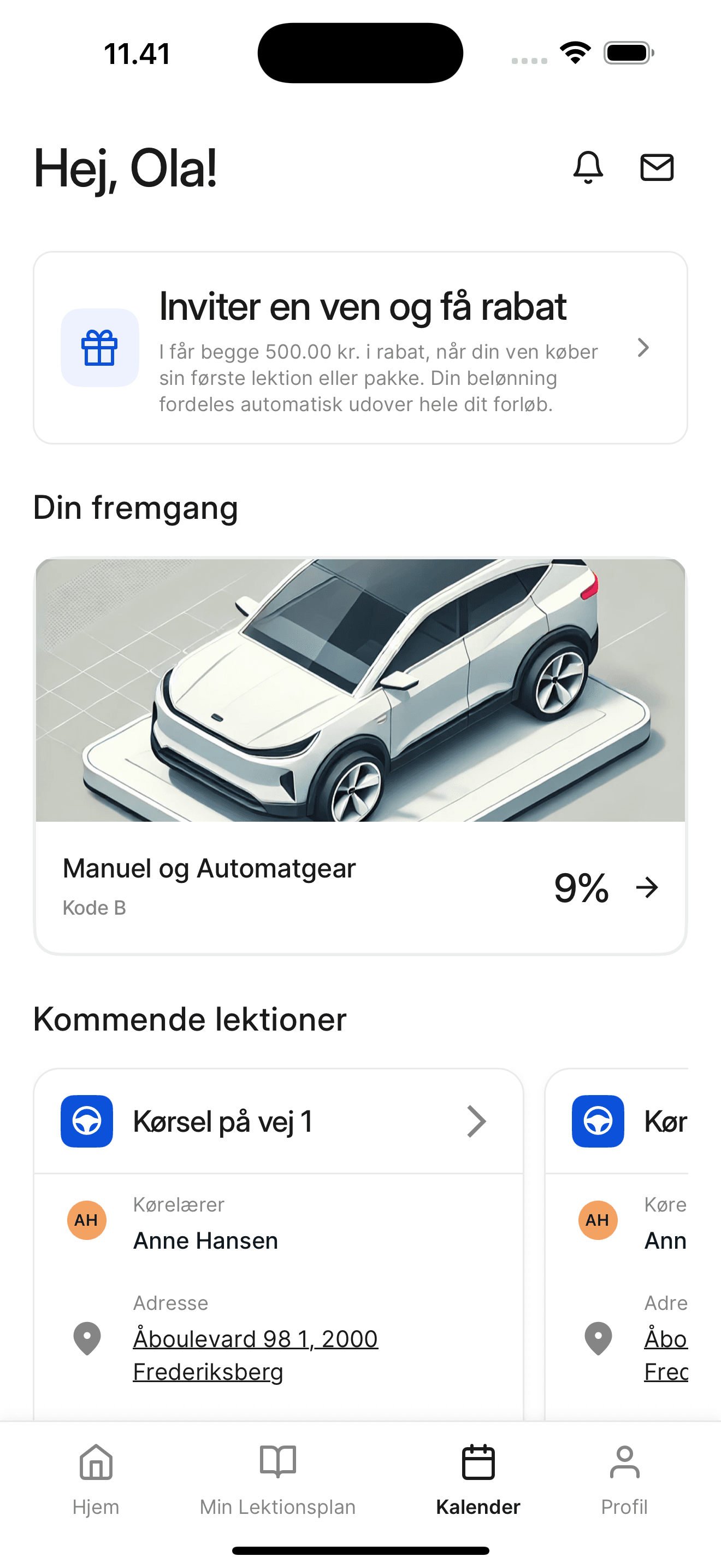 Startkørekort app hjemmeskærm