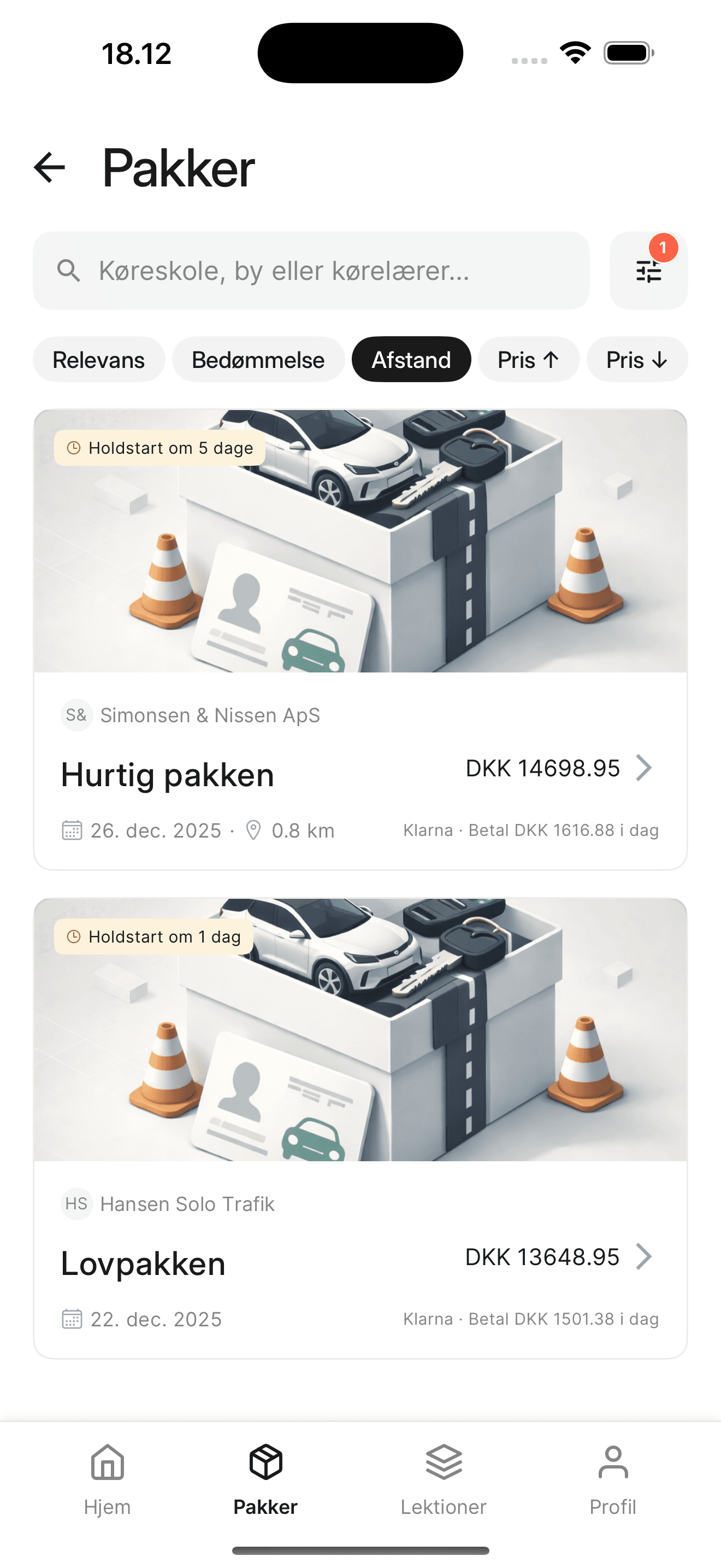 Elev pakke markedsplads i Startkørekort appen